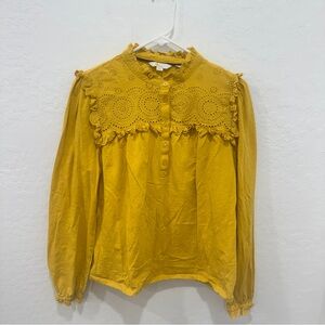 Boden Mustard Yellow Eyelet Lace Top Womens 14 Popover Cotton Spring